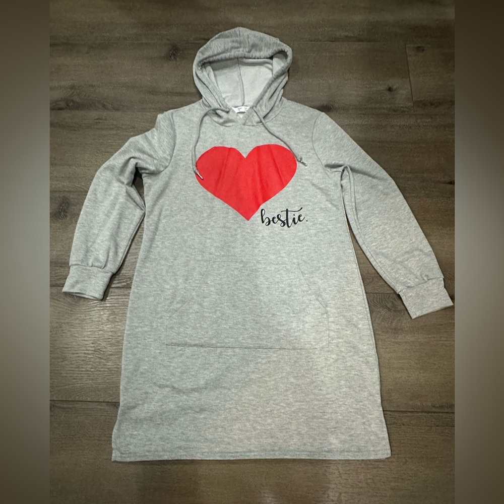Gray Hoodie Dress with Red Heart "bestie"
